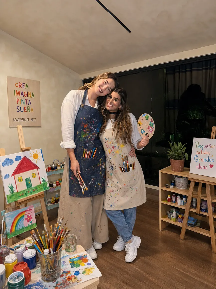 Jiret y Nikole, fundadoras de Crearte, en el taller con delantales manchados de pintura.
