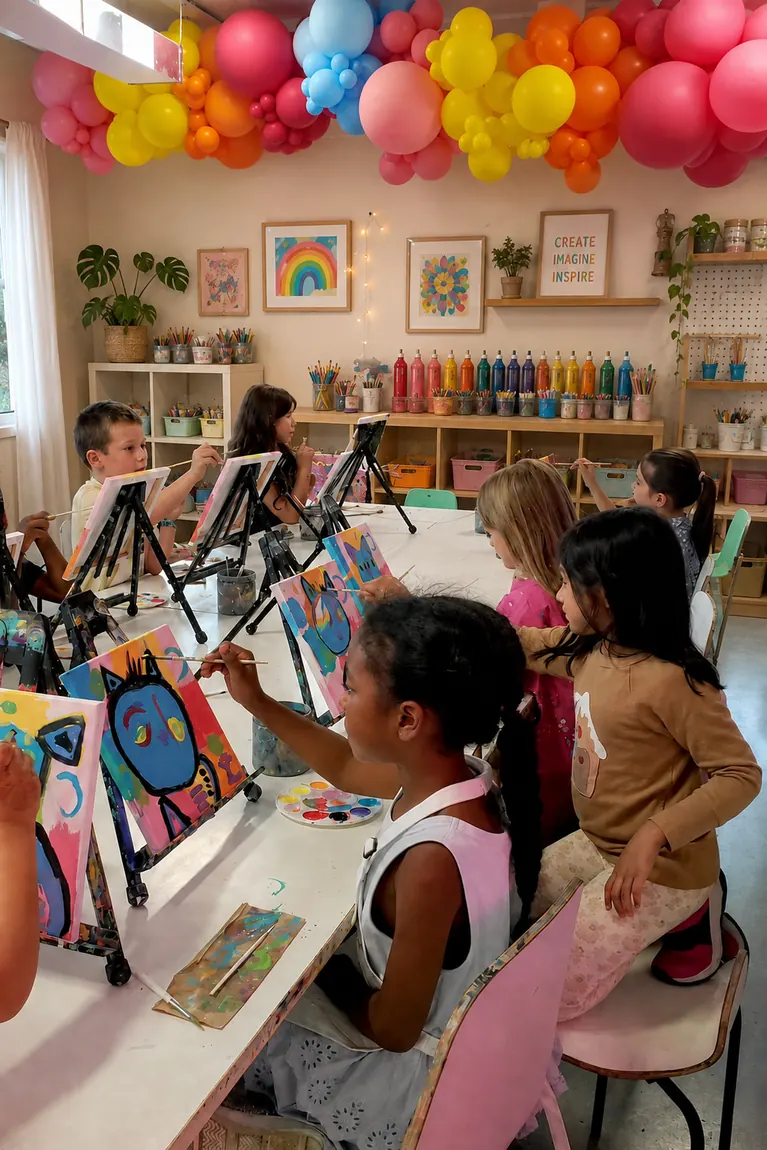 Niños pintando en caballetes durante un taller de Crearte, cada uno con su propio lienzo.